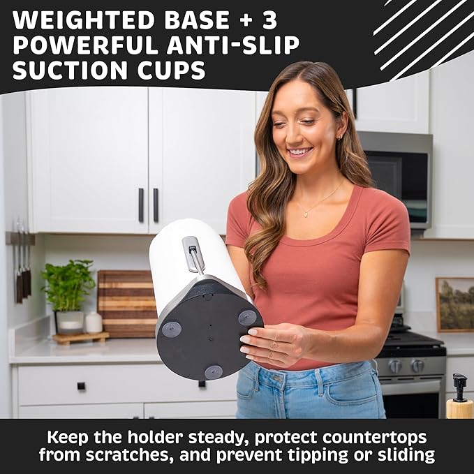 Stainless Steel Paper Towel Holder with Tension Arm and Spray Pump – One-Handed Tear, Smart Traction System, Heavy Duty Suction Cups, Weighted Base, Kitchen Towel Dispenser for Countertop Use (Silver)
