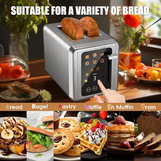 Touch screen Toasters 2 slice,Stainless Steel Digital Timer Toaster with Sound Function,6 Bread Types & 6 Shade Settings,Smart Extra Wide Slots Toaster with Bagel,Defrost Functions,Silver