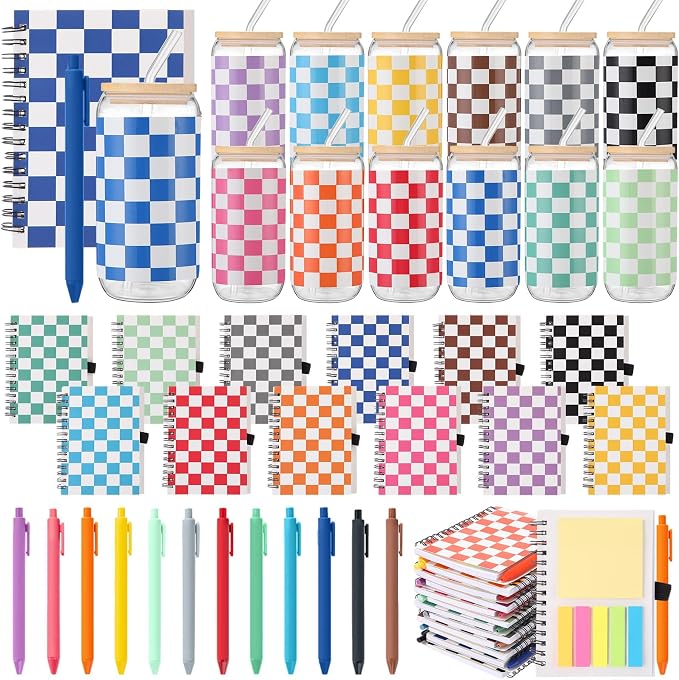Skylety 12 Set Back to School Gingham Cup Bulk Teachers Appreciation Gifts 16 oz Pastel Checkered Glass Cups with Lids Straws Spiral Notebooks Pens for Silly Goose Birthday Classroom Student Supplies