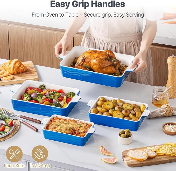 Estmoon Ceramic Baking Pan with Handles, Porcelain Baking Pans Set of 4, Oven Safe and Durable Baking Dishes Rectangular Baking Sheets for Wedding Gifts, Cooking, Blue(7.5''/9"/10.6"/12")