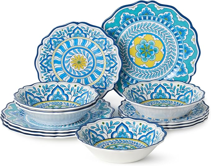 Porto 12 Pc. MELAMINE DINNERWARE SET, SERVICE for 4 – artistically designed Talavera Tile Art, Turquoise Blue Yellow Mandala