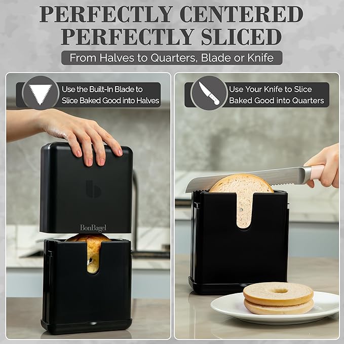 Bagel Cutter Slicer – Precision Bagel Slicer with Auto-Center Holder – Compact 7-Inch Space-Saving Design for Even Cutting Large and Small Bread at Home or Café Kitchen - Black