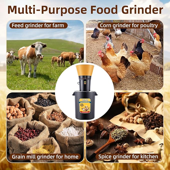 60L Grain Mill Grinder, 15.8 Gallons Electric Grain Mill Corn Grinder, 1500W Dust-Free Dry Cereals Grinders with Detachable Hopper & 6 Size Sieves for Farm Home Wheat Spice Rice Feed Flour