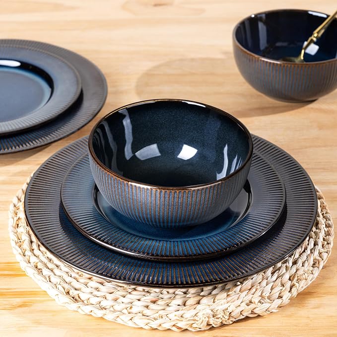 GBHOME Ceramic Dinnerware Sets,12 pcs Embossed Elegant Stoneware Plates and Bowls Sets, Housewarming Wedding Gift | Dishwasher & Microwave Safe | Dishes Set Service for 6