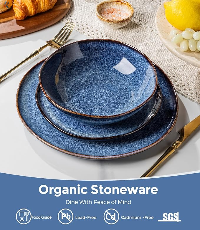 GBHOME Stoneware Dinnerware Sets for 6, 18 Pieces Rustic Earthenware Plates and Bowls Set, Handmade Reactive Glaze Ceramic Plate Sets, Chip Resistant Dishes, Microwave & Dishwasher Safe, Sea Blue