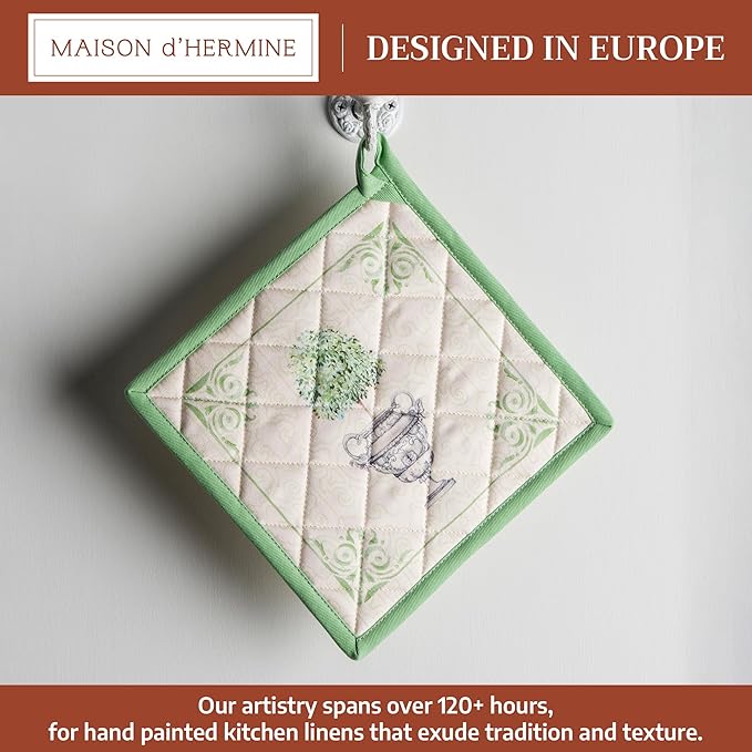 Maison d' Hermine Pot Holders 100% Cotton Heat Resistant Potholders 8" x 8" Hot Pads with Loop BBQ Cooking Baking Gifts for Mothers Day Handling Hot Pans Spring/Summer (Pack of 1, Jardin Du Roy)