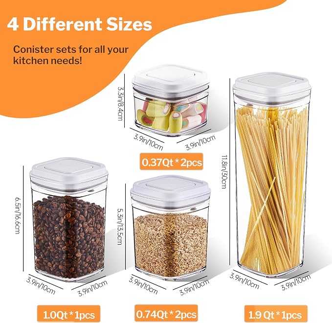 UFORU Pop Top Food Storage Container Set | 6Pcs Airtight Cereal Storage Organizer Canisters with Pop Lids, BPA-Free, Vacuum Seal & One-button Opening, Stackable Pantry Containers for Dry Food Storage