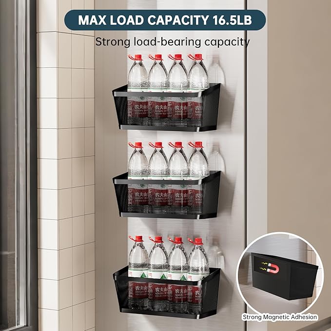 3 Pack White Metal Magnetic Spice Rack for Refrigerator, Heavy Duty Magnet Shelf for Fridge, Drill Free Mesh Organizer Basket for Kitchen, Pantry, Laundry Room, Garage