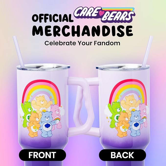 Silver Buffalo Care Bears Rainbow Featuring Funshine, Cheer, Grumpy, Friend, and Good Luck Bear Double Walled Stainless Steel Tumbler with Handle and Straw, Fits in Standard Cup Holder, 40 Ounces