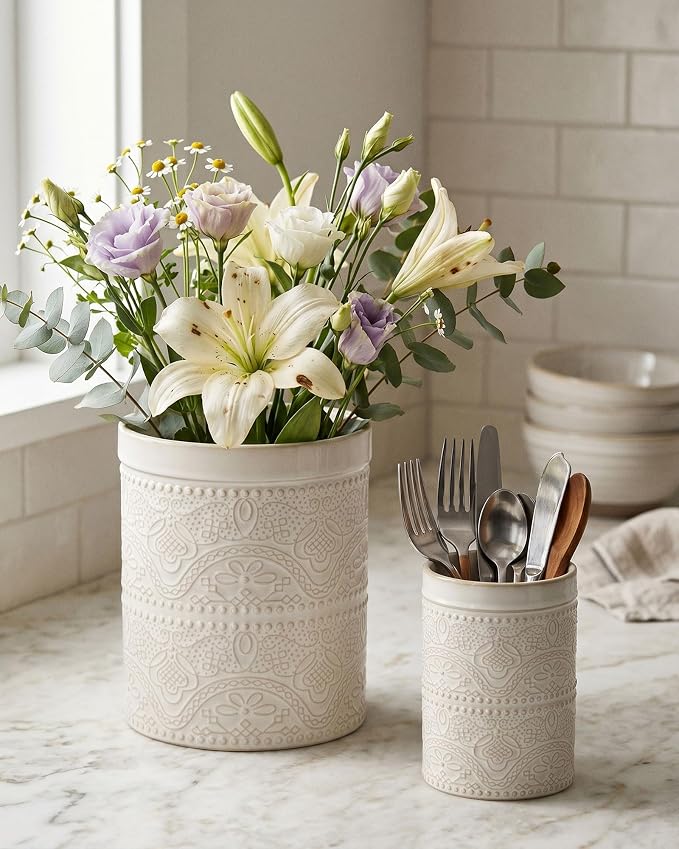 FUN ELEMENTS Kitchen Utensil Holder, 7.2" Super Large Utensil Crock Heavy and Stable Lace Emboss Ceramic Utensil Holder for Kitchen Counter (Lace Emboss)