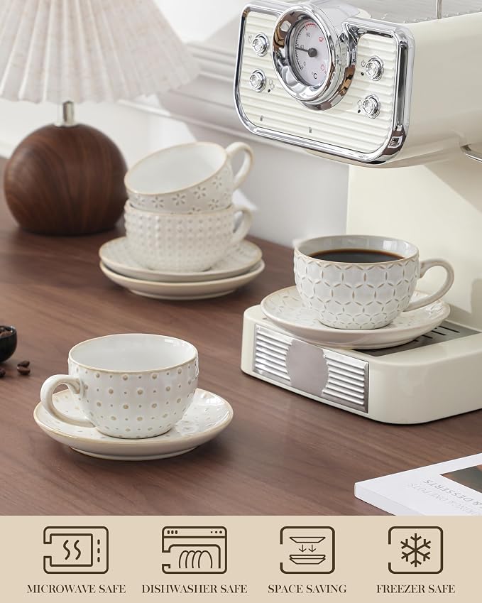 MALACASA 6 OZ Cappuccino Cups with Saucers Set of 4 - Ceramic Stackable Tea Cups and Saucers, Embossment Coffee Mugs for Tea, Latte and Mocha, Dishwasher Safe, Arctic white, LYDIA Series