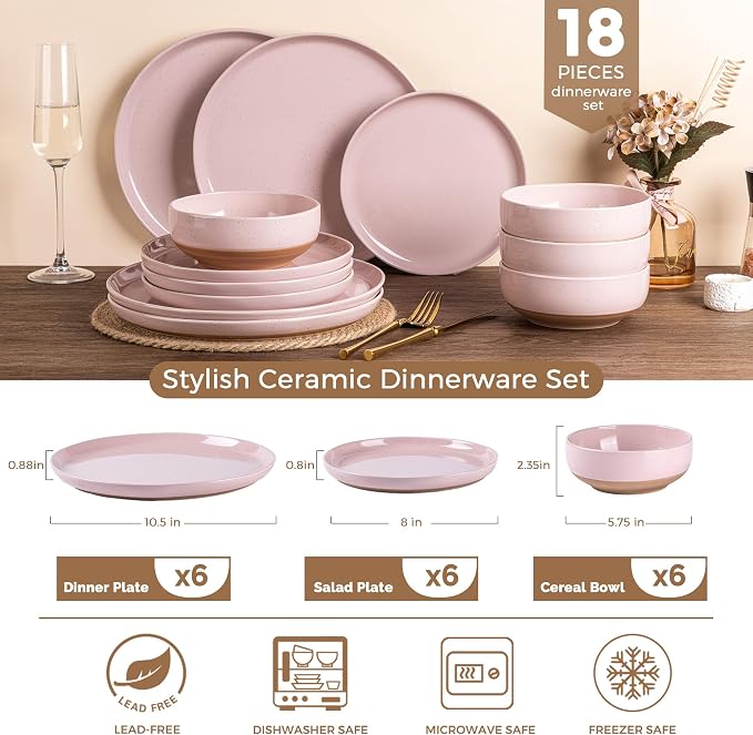 AmorArc Ceramic Dinnerware Sets for 6, 18 Pieces Handpainted Speckled Plates and Bowls Set with Rustic Terracotta Underside, Scratch Resistant Stoneware Dishes Set, Dishwasher & Microwave Safe, Pink