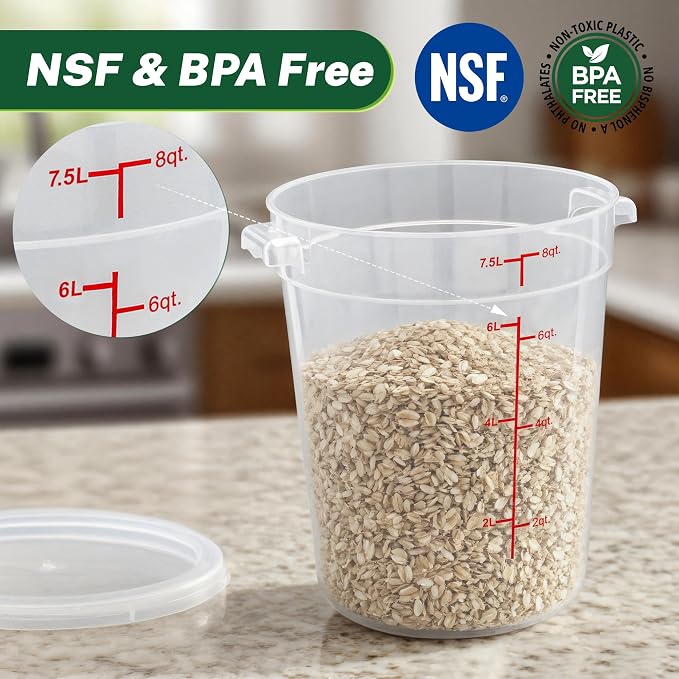 4 Pack 8Qt Round Polypropylene Food Storage Container with Lids Scale | Translucent containers with lids, easy-read scale, labels and measuring cups; stackable for prep, storage and freezer use.