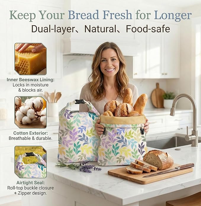 2 Pack Reusable Beeswax Bread Bags for Homemade Sourdough, XL 17"x13" Natural Cotton Beeswax Linen Food Storage Bags, Freezer Safe to Keep Loaves Fresh Longer, Ideal Gift for Bakers