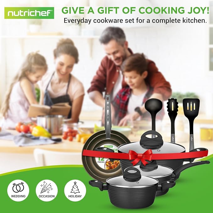 NutriChef Metallic Ridge Line Nonstick Cooking Kitchen Cookware Pots and Pan Set with with Lids and Utensils, 12 Piece Set, Gray