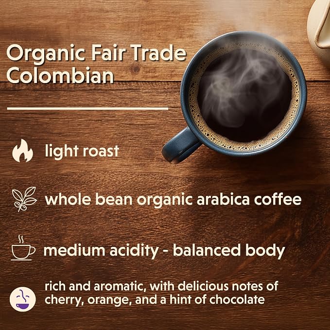 Coffee Bean Direct Organic Fair Trade Colombian, Whole Bean Coffee, Arabica Coffee, Light Roast, 2.5 Pound Bag (Pack of 1)