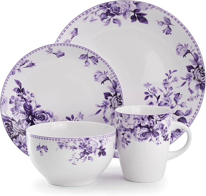 Elama Traditional Rose 16 Piece Porcelain Dinnerwar/Tableware Set, Service for 4 (Purple)