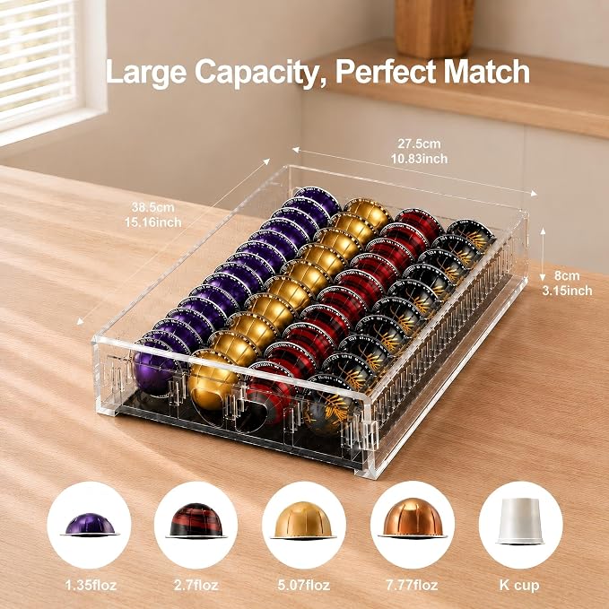 Coffee Pod Drawer Organizer for Nespresso Vertuo Pods,Acrylic Coffee Pod Holder Holds 40 Large or 60 Small Capsules or 28 K-Cups,Pull-Out Drawer with Anti-Slip Base for Home & Office,Matte Black