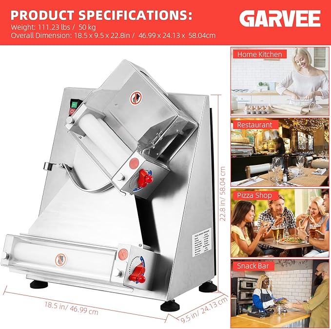 Commercial Pizza Dough Roller Sheeter, Max 12", Towallmark Automatic 370W Electric Pizza Dough Roller, Stainless Steel, Suitable for Noodle, Pizza Bread and Pasta Maker Equipment