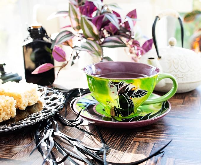Silver Buffalo Disney Sleeping Beauty Maleficent Ceramic Teacup and Saucer Featuring Maleficent, Diablo, and Maleficent in Dragon Form, 12 Ounces