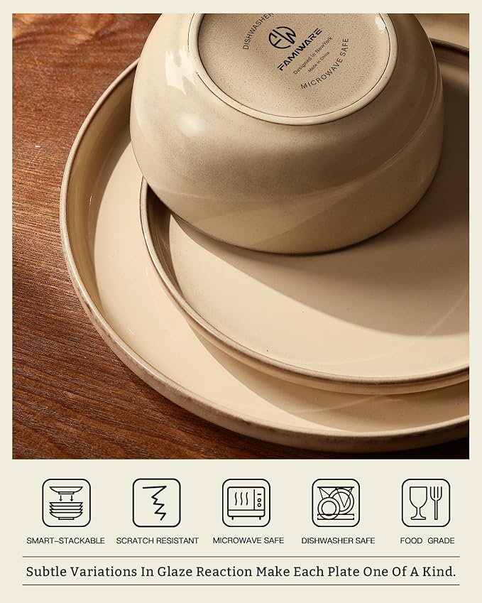 Famiware Milkyway Stoneware Dinnerware Set, 12-Piece, Double Reactive Glaze, Plates and Bowls, Service for 4, Microwave and Dishwasher Safe, Scratch-Resistant, Milk Tea