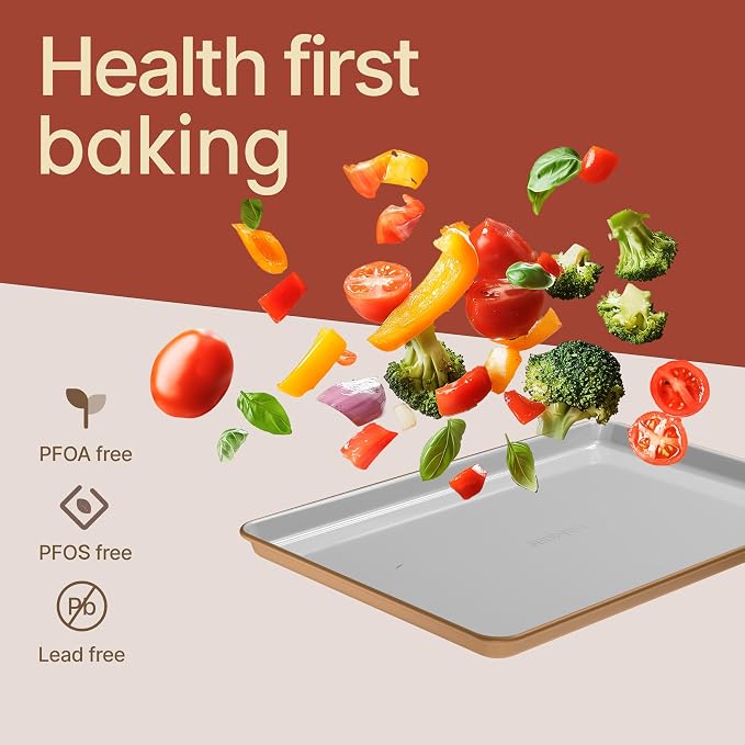 Bakken 8-Piece Stackable Bakeware Set – Ceramic Non-Stick, Oven-Safe Baking Sheets & Pans, PTFE/PFOA/PFOS-Free, Ergonomic Handles, Includes Cooling Rack – Healthy, Non-Toxic Baking Essentials, Gold