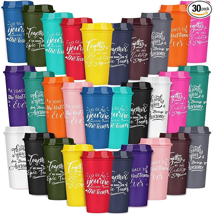Pickmesh 30 Pcs Employee Appreciation Gifts Bulk 16 oz Plastic Tumblers with Lids Graduation Teacher Appreciation Gifts Reusable Coffee Cups for Staff Volunteer Coworker Team (Colorful)