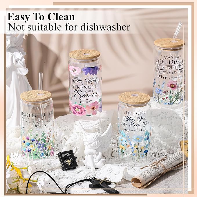 Mumufy 4 Pack Wildflower Glass Cups Gift Aesthetic Cute Glass Cup Tumbler Flower Iced Coffee Mugs 16 oz with Bamboo Lid & Straw, for Wedding Birthday Bridesmaid Mom Baby Shower