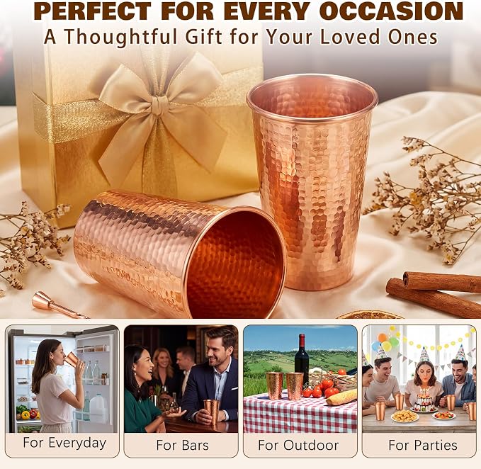 Willinglong 2 Pcs 100% Pure Copper Cup Tumblers 18.5 oz Handcrafted Hammered Copper Cups, Ayurvedic Health Benefits Drinking Vessel for Family Health Water, Cocktails, Iced Tea Glasses(Crimping)