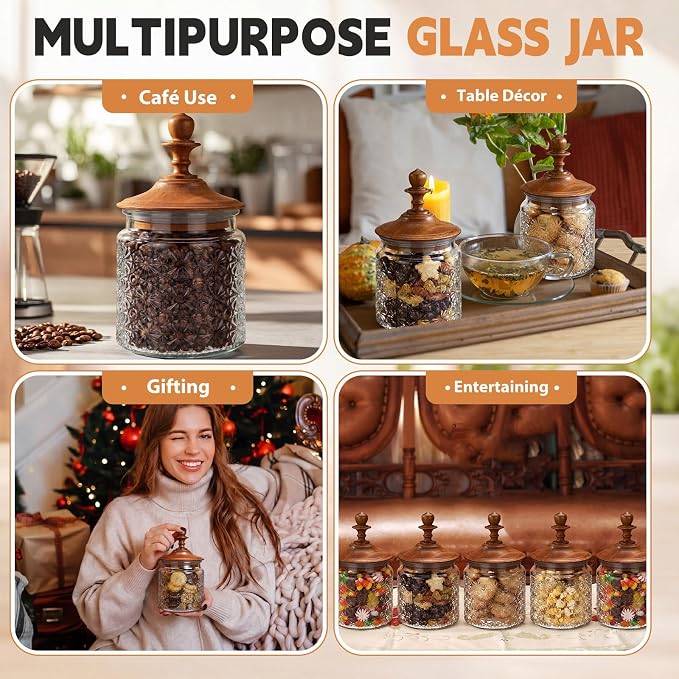 Suclain 6 Pack 17oz Vintage Glass Jars with Wooden Crown Lids, Decorative Jars Star Pattern, Airtight Glass Food Storage Containers for Tea Coffee Spice Pantry Organization