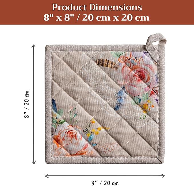 Maison d' Hermine Pot Holders 100% Cotton Heat Resistant Potholders 8" x 8" Hot Pads with Loop BBQ Cooking Baking Gifts for Mothers Day Handling Hot Pans Spring/Summer (Pack of 1, Ibiza - Beige)