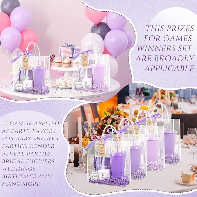 Nuogo 12 Sets New Parent Shower Prizes for Player Winners Adult, Wedding Bridal Shower Gift, Plastic Tumbler Notebook Scented Candle Ballpoint Pen Bag (Gradient Purple,Classic Style)