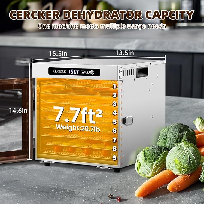 Food-Dehydrator Machine 9 Stainless Steel Trays, 1000W Fruit Dehydrator,7.7ft² Meat Dryer for Jerky,190ºF Temperature Control,24H Timer Dryer Machine for Herbs,Beef