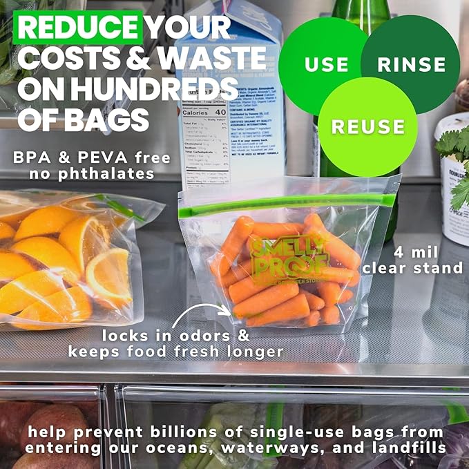 Smelly Proof 50 x Reusable Food Storage Bags, Reusable Snack Bags, Stand-Up Expandable “Stand & Fill”, Dishwasher-Safe, Clear 3-Mil 6” x 4”, US Made, BPA FREE, NO PEVA, 50-pk