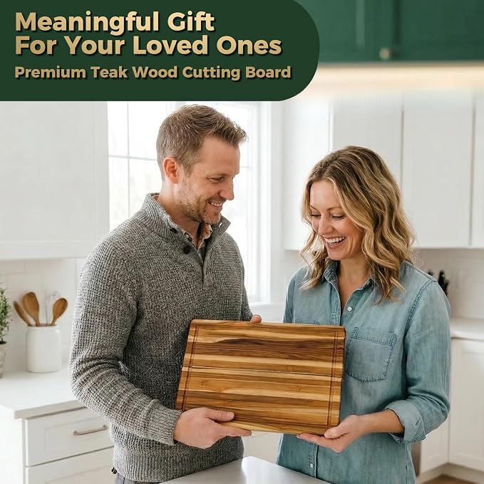 Teak Wood Cutting Boards for Kitchen, [24" x 18" x 1.5"] Extra Large Wooden Cutting Boards, Knife Friendly Butcher Block Cutting Board with Deep Juice Grooves and Built in Handle