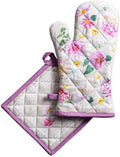 Maison d' Hermine 100% Cotton Oven Mitt & Pot Holder Set (7.5"x13" & 8"x8") Heat Resistant BBQ Cooking Gloves with Loop Baking Grilling Kitchen Gifts for Mothers Day Spring/Summer (Pivoine)