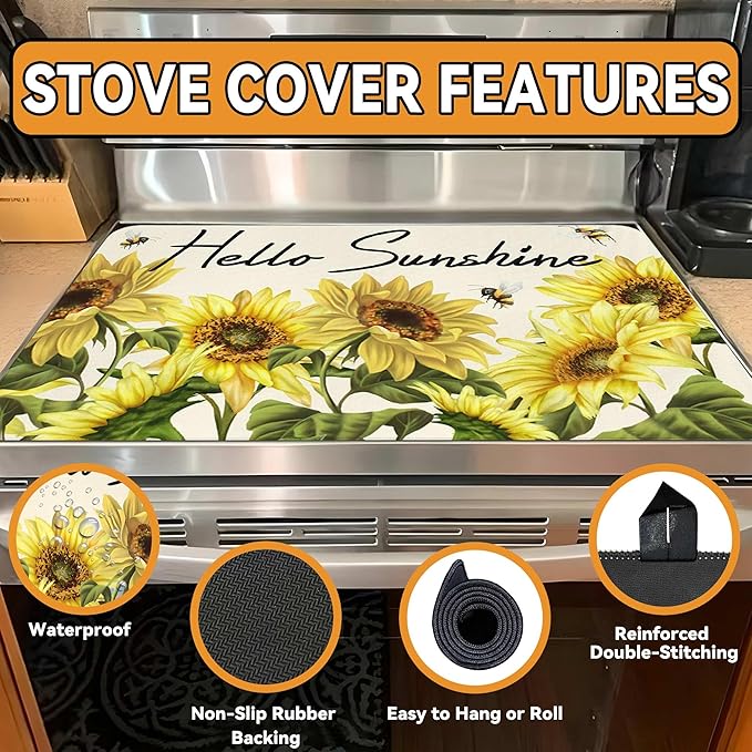 Decorative Stove Top Covers for Electric Stove 28"x20" – Heat Resistant Glass Cooktop Protector Dish Drying Mat – Non-Slip Rubber Backing Washer Top Cover Waterproof Extra Counter Space (Sunflower 2)