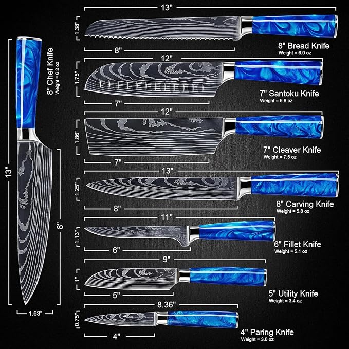SENKEN 8-Piece Japanese Knife Set - Blue Resin Handle, Laser Damascus Blades - Chef's, Santoku, Bread & Paring Knives