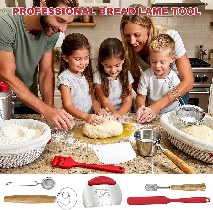 Sourdough Bread Baking Supplies, Sourdough Starter Kit with Cotton Rope Oval & Round Bread Proofing Basket and Sourdough Starter Jar, Artisan Bread Making Kit Ideal Gift for Bakers, Women Wife Mom Red