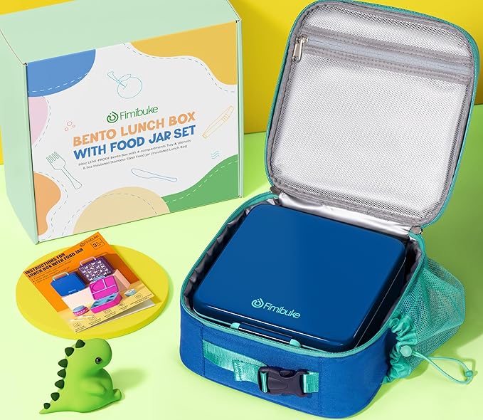Fimibuke Kids Bento Lunch Box with Thermo, Leakproof Toddler Bento Box with 8.5OZ Insulated Food Jar, Lunch Bag & Utensils BPA Free Dishwasher Safe 3 or 4 Compartment Container for School Girls Boys
