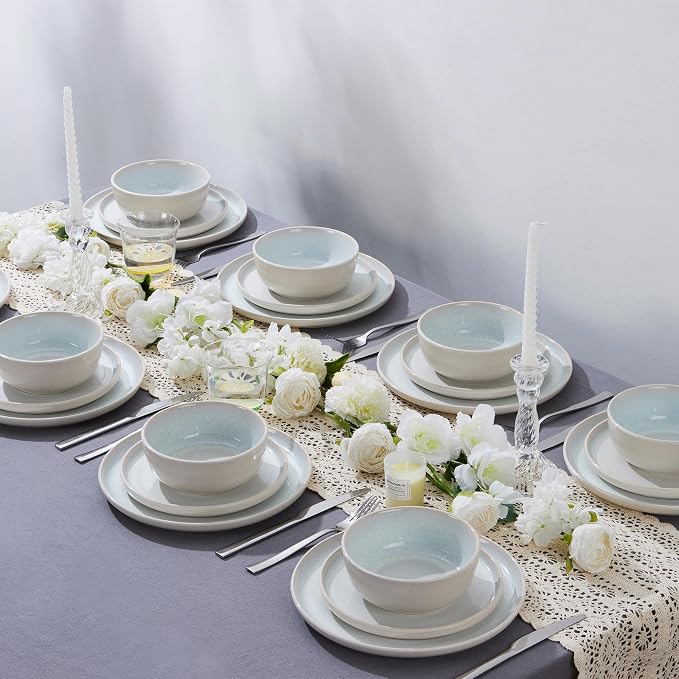 LIANYU Stoneware Dinnerware Sets for 8, 24 Piece Ceramic Plates and Bowls Set for 8, Kitchen Dishes Set, Modern Dinning Ware Dishware Set, Dishwasher and Microwave Safe Dinner Salad Plates, Dusk White