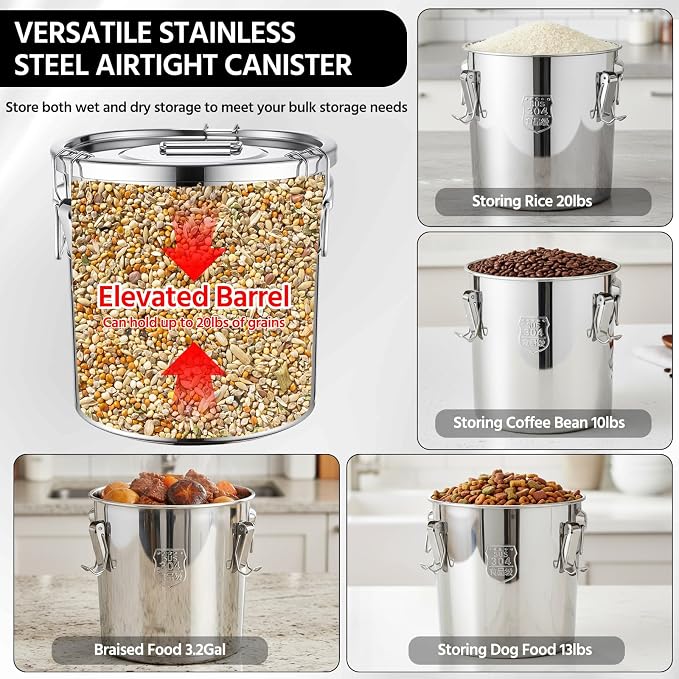Suclain 3 Pcs 12L 304 Stainless Steel Airtight Canister Large Stainless Steel Food Storage with Secure Locking Lid Metal Leak-proof Container for Pantry Organization Rice, Flour, Oil, Water