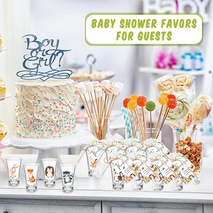 Pickmesh 50 Sets Woodland Baby Shower Party Favors Jungle Animal Shot Glasses with Thank You Tags Bags for Animal Jungle Theme Baby Shower Gender Reveal Party