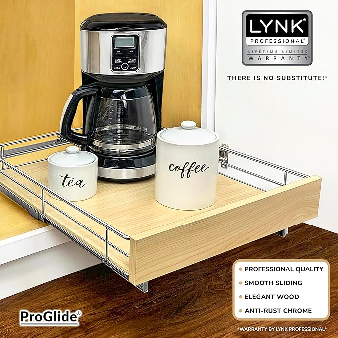 LYNK PROFESSIONAL® SELECT™ Slide Out Cabinet Organizer Pull Out Drawer, 17" x 21" Pull Out Cabinet Organizer – Pull Out Shelves for Kitchen Cabinets – Roll Out - Lifetime Ltd. Warranty, Wood Chrome