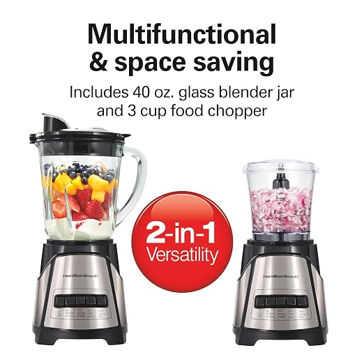 Hamilton Beach Power Elite Blender for Smoothies with 3-Cup Vegetable Chopper, Mini Food Processor, 40oz Glass Jar, 12 Functions for Puree, Ice Crush, Black (58149)