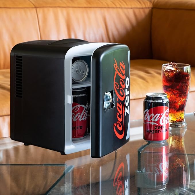 Coke Zero Mini Fridge - Refrigerator for Bedroom Office, Portable Table Top Beverage Cooler, 12V 110V Refrigerador For Drinks, Soda, Wine, Use In Car, Dorm, Outdoor, Patio, 6 Can