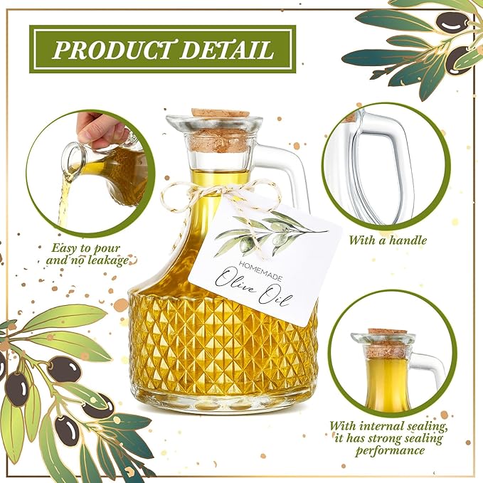 Vesici 20 Set 14 oz Olive Oil Bottle with Stopper Mini Glass Oil Cruet Dispenser with Label Vinegar Bottle with Spout for Kitchen Salad Dressing Syrup Container for Wedding Baby Shower Favors