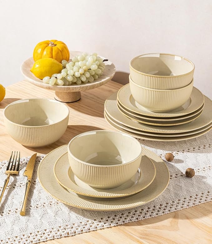 TheTerra Stoneware Dinnerware Sets for 4, 12 Pieces Ceramic Plates and Bowls Sets, Scratch Resistant Embossed Dish Set, Oven, Microwave & Dishwasher Safe, Cream Latte