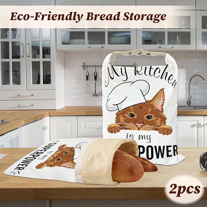 Bread Bags for Homemade Bread, Peeking Ginger Cat 2 Pack Linen and Beeswax Sourdough Storage Bags, Reusable Keeper, Keeps Breads Fresh Longer, Gifts for Bakers