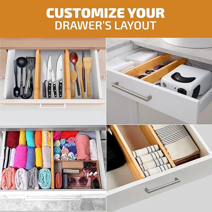 4-Pack Bamboo Drawer Dividers - 2.6 in High, Adjustable 16 to 22 in Expandable Drawer Organizers and Dresser Separators for Clothes, Bedroom, Bathroom, Kitchen, and Office Organization and Storage